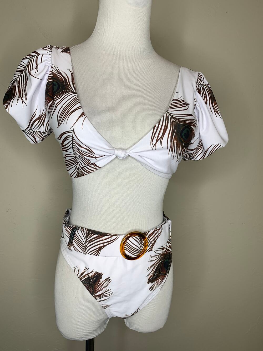 White Brown Feather Bikini  Set Short Sleeve High Waist Bottom Sz Medium